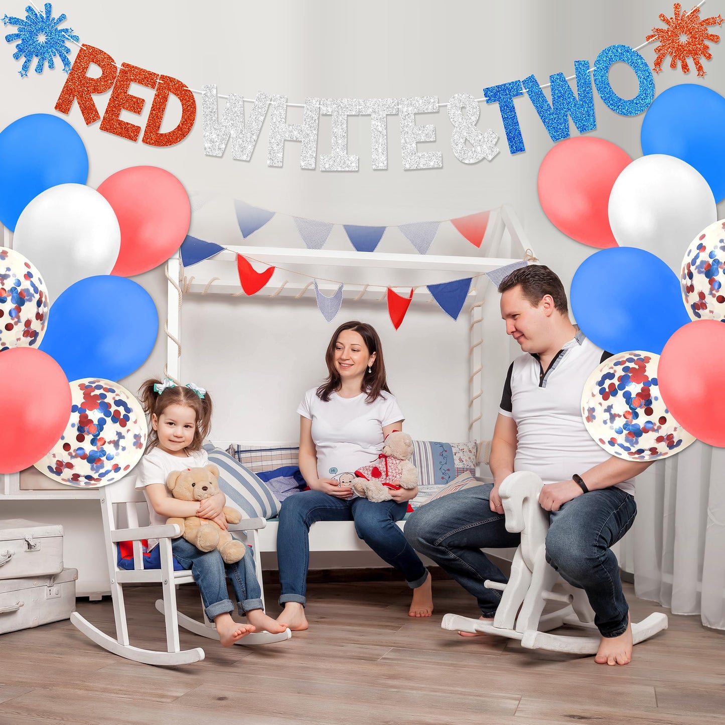 Red White & Two Birthday Decorations - 4th of July 2nd Birthday Decorations for Kids With Banner Cake Topper Cupcake Toppers Balloons