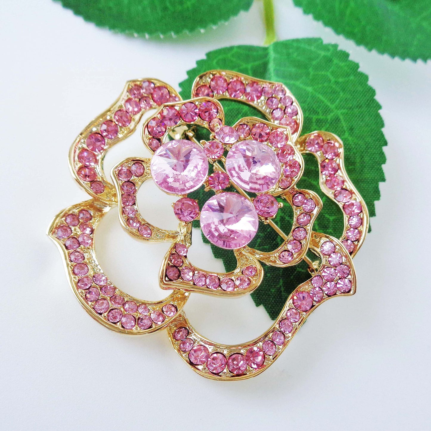 Navachi 18k Gold Plated Pink Crystal Blooming Rose Flower Az7435b Brooch pins