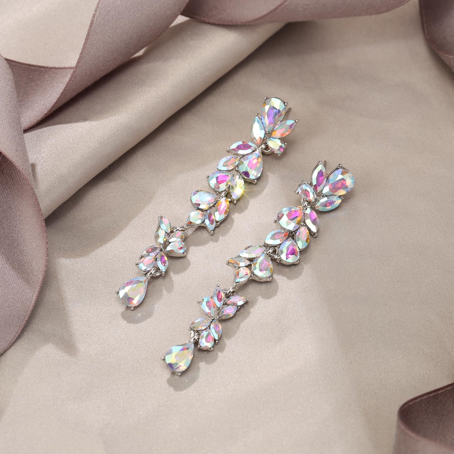 EVER FAITH Crystal Wedding Chandelier Dangle Earrings for Bridal, Rhinestone Marquise Teardrop Floral Long Drop Earrings for Women Iridescent AB Silver-Plated-Base