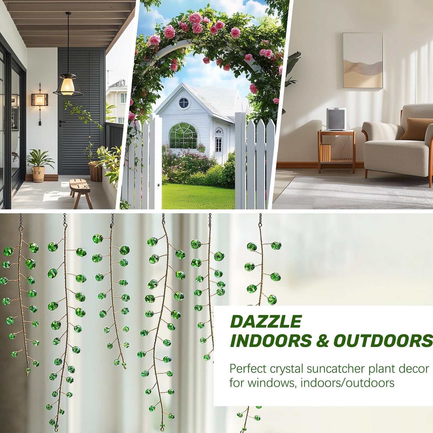 H&D HYALINE & DORA 6 Pcs Crystal Beaded Suncatchers Artificial Green Plants Hanging Wind Chime with Chain for Window Indoor Outdoor Potted Plants Decorations Plant Lover Gift