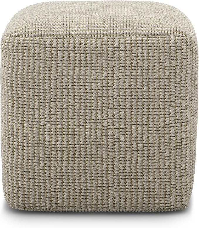 SIMPLIHOME Zelma Square Pouf – 18 inch Wide Upholstered PET Polyester Ottoman in Cream and Natural, Boho Indoor/Outdoor Footstool or Extra Seating for Living Room, Bedroom, or Patio, Assembled