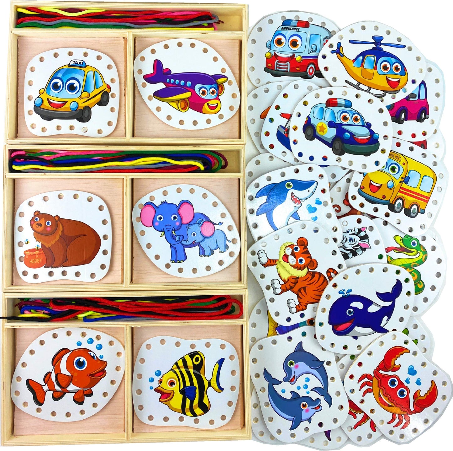 Matty's Toy Stop Deluxe Lacing Shapes (10 Count) Vehicles, Fish & Jungle Animals Educational Gift Set Bundle - 3 Pack (30 Shapes Total)