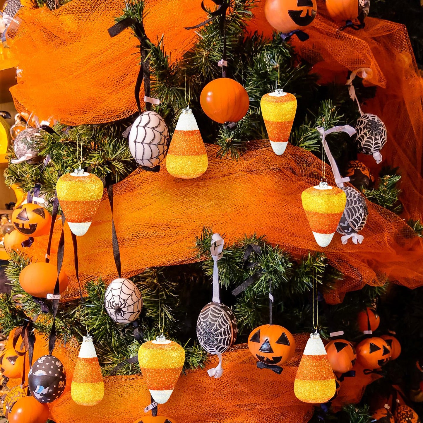 12 Pcs Halloween 3D Glitter Candy Corn Ornaments Large Halloween Candy Corn Hanging Pendant with Ropes Mini Tree Decorations for Halloween Christmas Holiday Garland Candy Party(Candy Style)