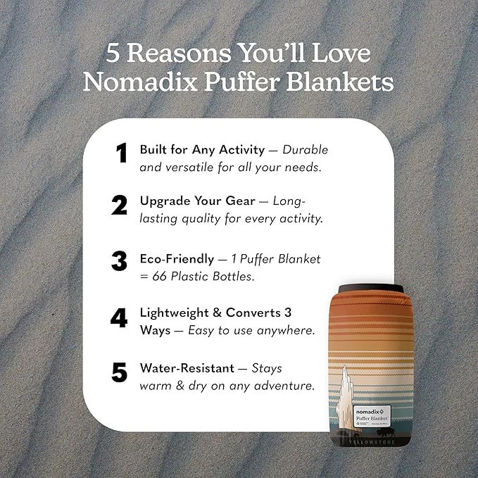 Nomadix Yellowstone Puffer Blanket – Water-Resistant, Eco-Friendly Insulated Blanket with Snaps for Camping, Beach, and Travel, Made from Recycled Materials