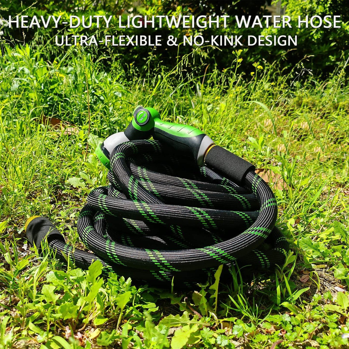 Junredy Garden Hose 25 FT, NON-EXPANDABLE Heavy-Duty Flexible & Lightweight Water Hose with 10-Function Nozzle, No-Kink, Leak-Proof Super Fabric, Solid Fittings for Lawn, Car, Outdoor (Black Green)