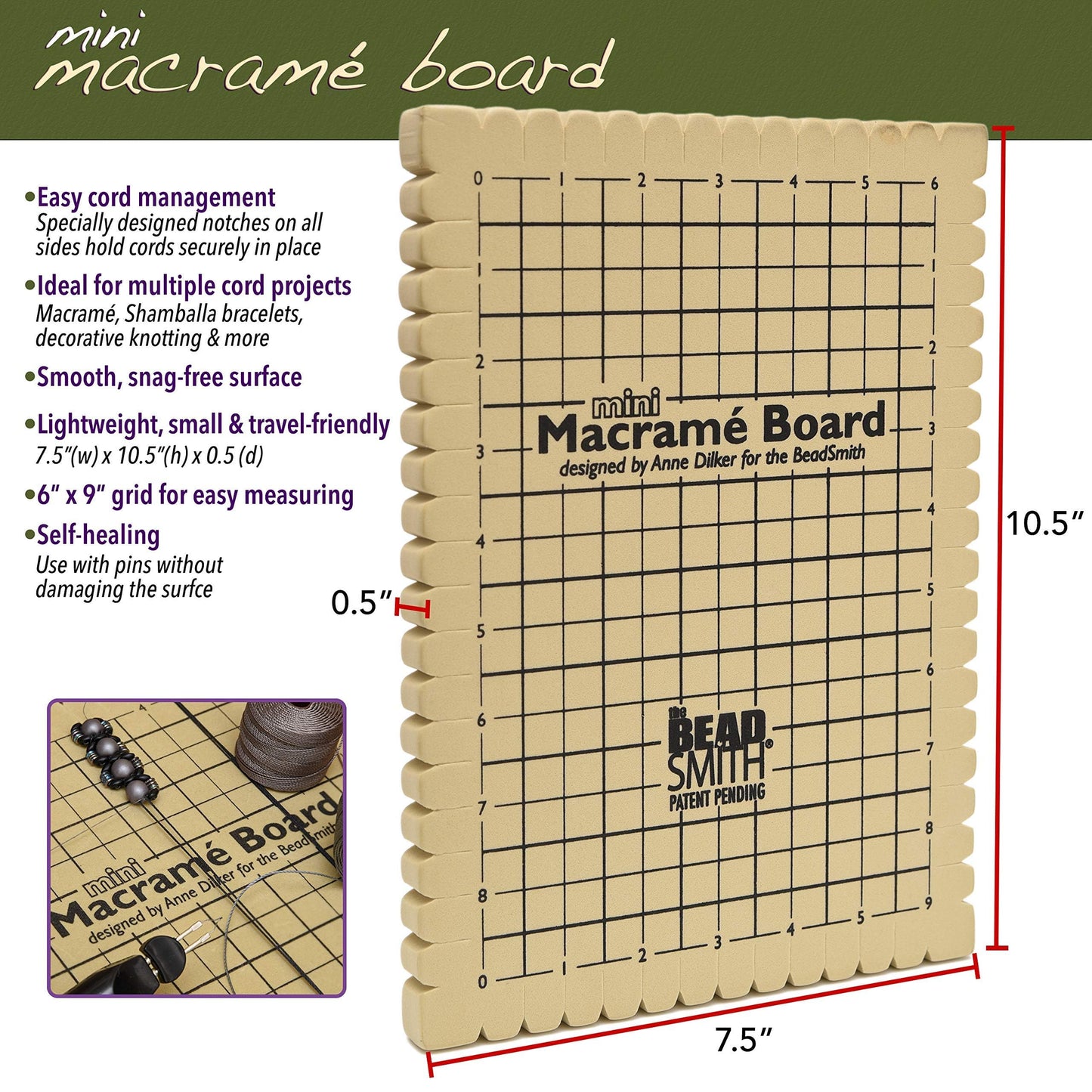 The Beadsmith Mini Macrame Board, 7.5 x 10.5 inches, 0.5-inch-Thick Foam, 6 x 9 Grid for Measuring, Bracelet Project with Instructions Included, Create Macrame and Knotting Creations