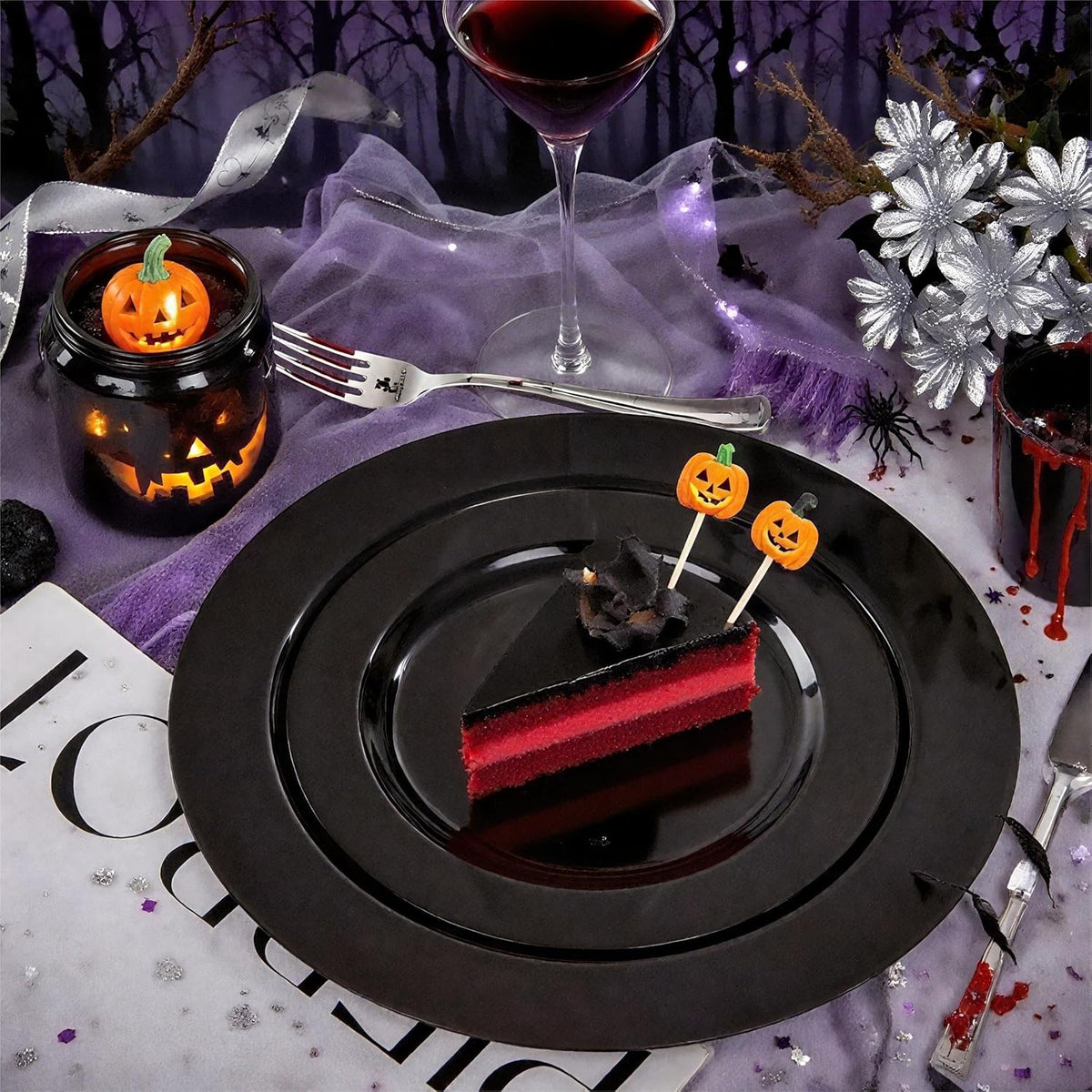FLOWERCAT 100PCS Black Plastic Plates - Heavy Duty Black Disposable Plates for Halloween Party/Birthday/Wedding/Father's Day- serve 50guests 10 inch and 7 inch Set