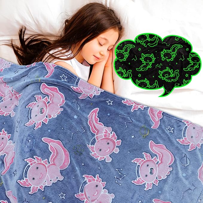 Axolotl Blanket Glow in The Dark Salamander Soft Blankets Pink Axolotl Gifts Toys Decor Cute Cozy Plush Blue Kids Throw for Boys Girls Teenage