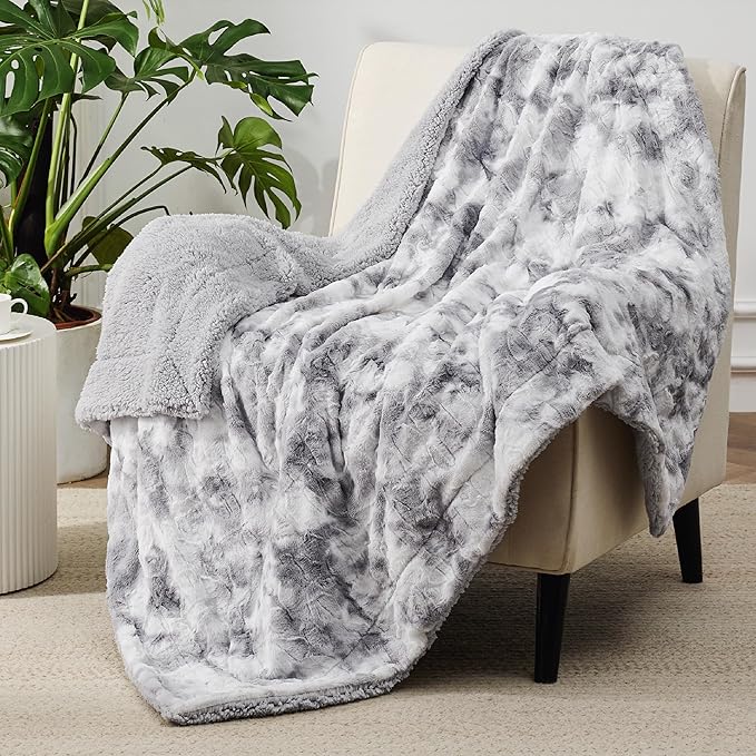 Bedsure Sherpa Blanket - Soft, Fuzzy & Fluffy Faux Fur - Warm, Cozy Throw Blanket for Couch, Sofa and Bed, Tie Dye Design, Light Grey, 50x60 Inches