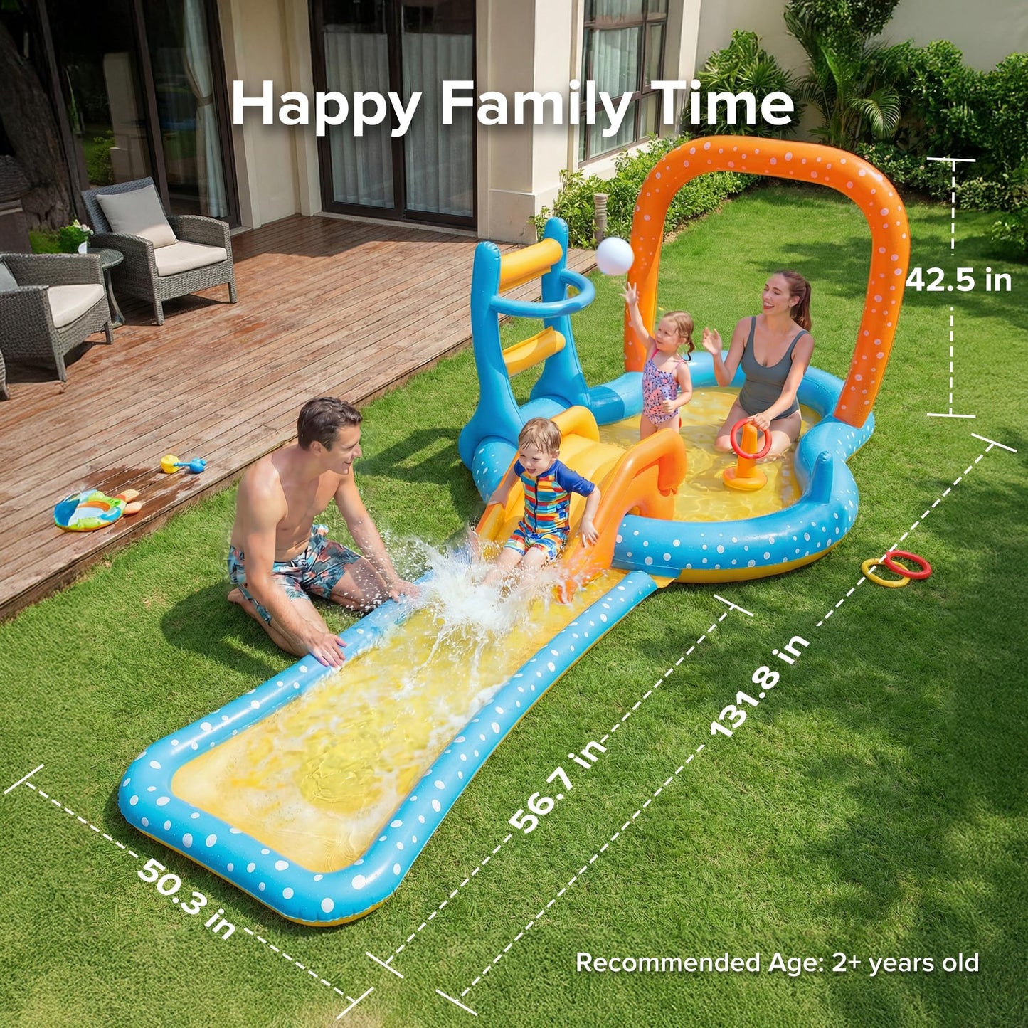 Inflatable Kiddie Pool with Dual Slides, Kids Splash Pool Play Center with Water Slide & Slip Slide, Outdoor Backyard Water Toy for Toddlers