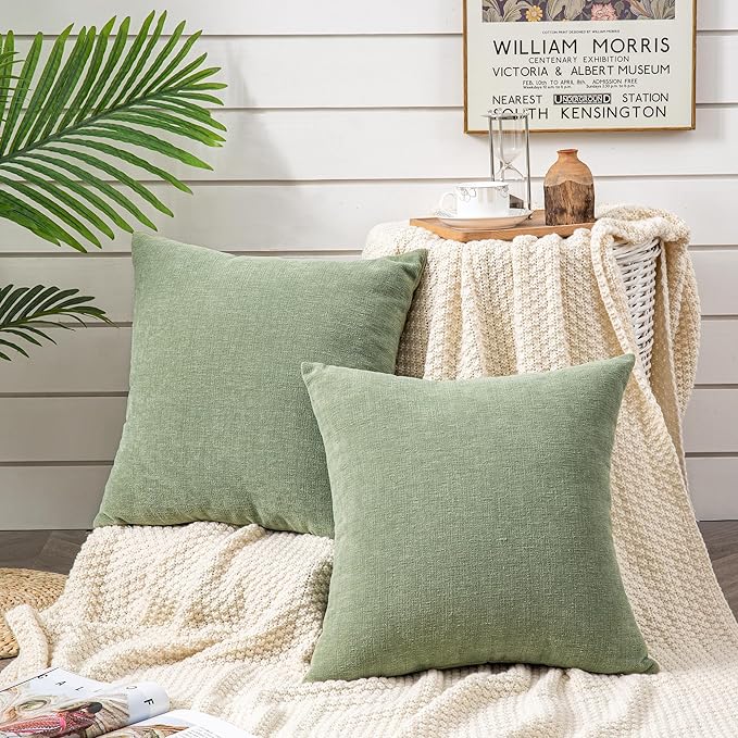 GAWAMAY Decorative Throw Pillow Covers 16x16 Inch Set of 2, Super Soft Chenille Square Pillows Farmhouse Fall Pillowcase for Living Room Bedroom Sofa Couch Cushion Cover 40x40cm Sage Green
