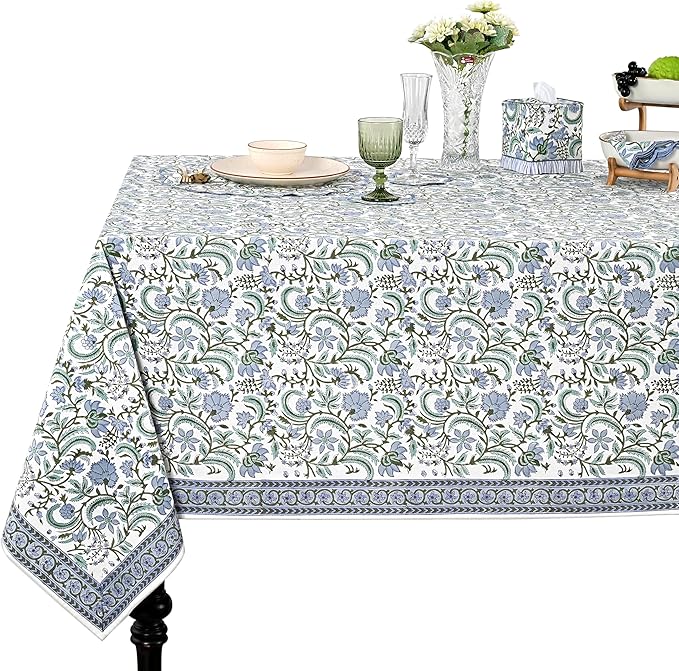 Ridhi Hand Block Print Columbia Blue Rectangle Cotton Tablecloth 160" x 72" Reusable Table Cover Decorative Everyday Use for Dining, Farmhouse, Home Gift for Spring, Easter, Valentine