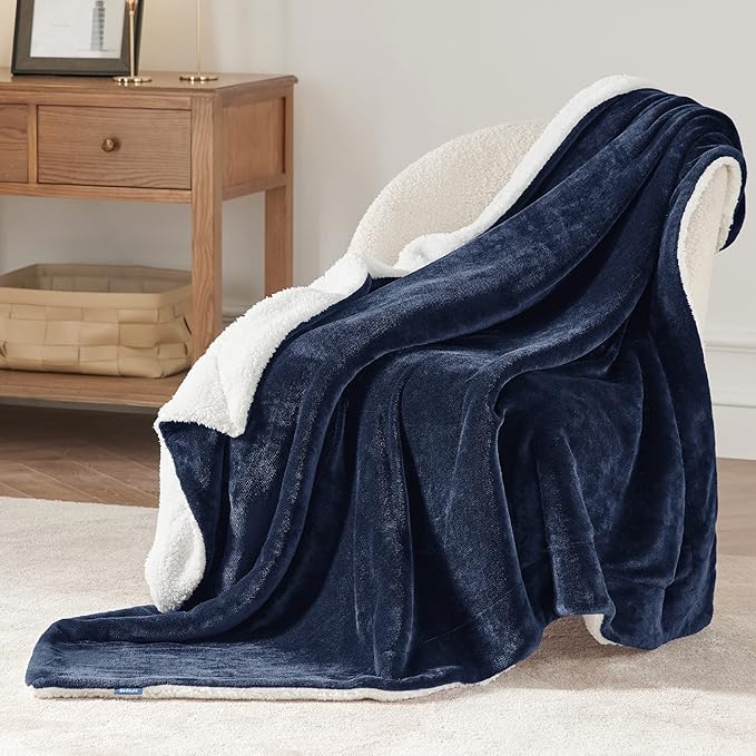 Bedsure Sherpa Fleece Throw Blanket for Couch - Thick and Warm, Soft Fuzzy Plush Throw Blanket for Winter, Navy, 50x60 Inches