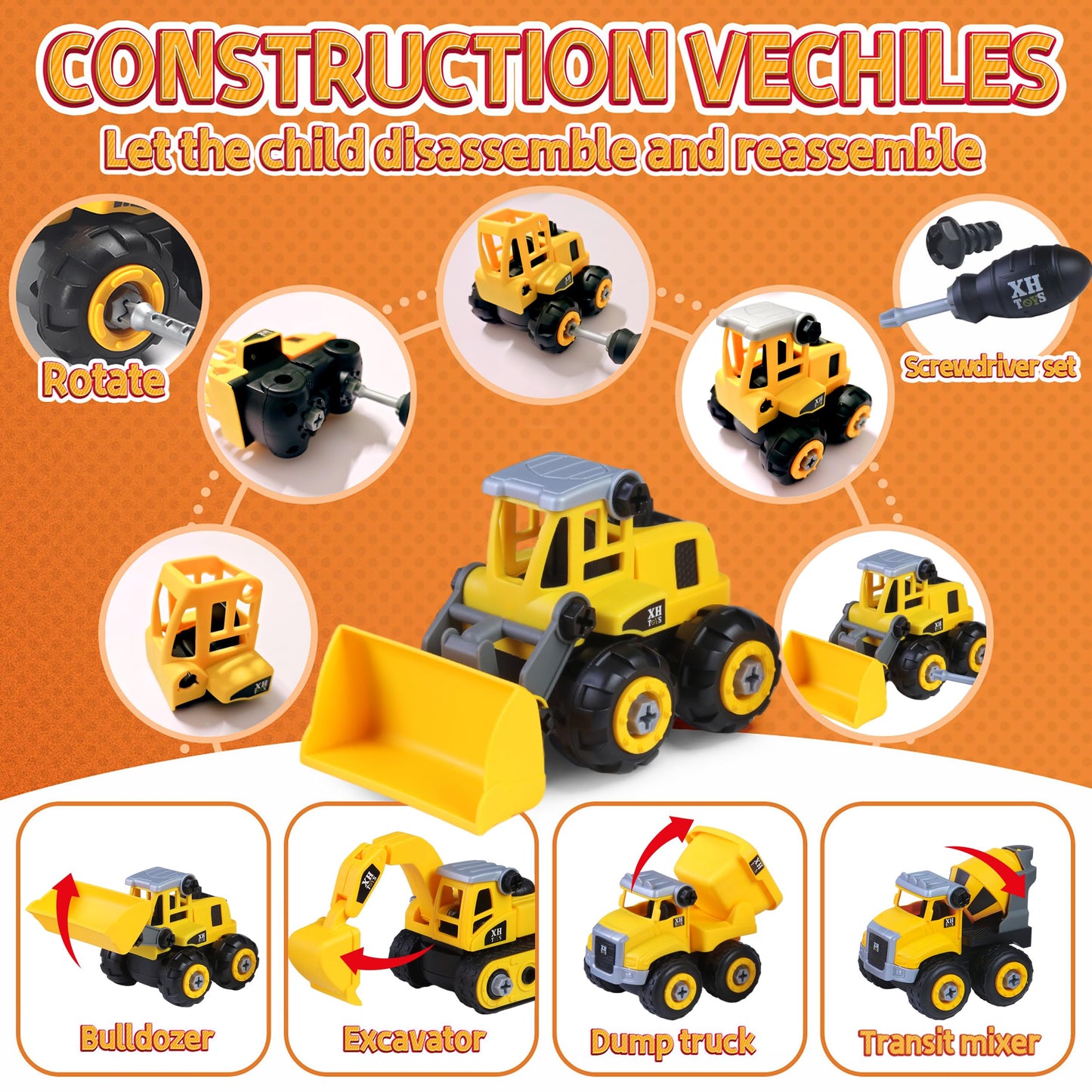 YIDESTARS Play Construction Sand Kit,2.2lbs Magic Sand W/4 Large Take Apart Construction Trucks,1 Sandbox,8 Worker Figures and Road Signs,8 Molds,Toys for 2-8 Years Old Boys Girls