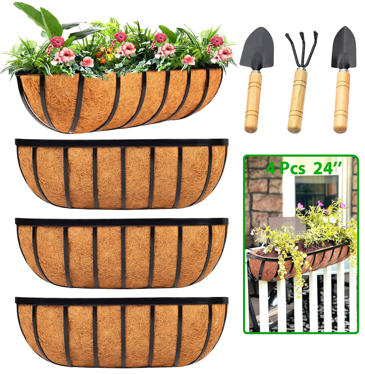 LCHUANG Railing Planter Window Box - 4 Pack 24 Inch Deck Balcony Rail Planter with Coconut Coir Liner, Fence Metal Hanging Flower Basket Deck Railing Planter Boxes for Outdoor Garden