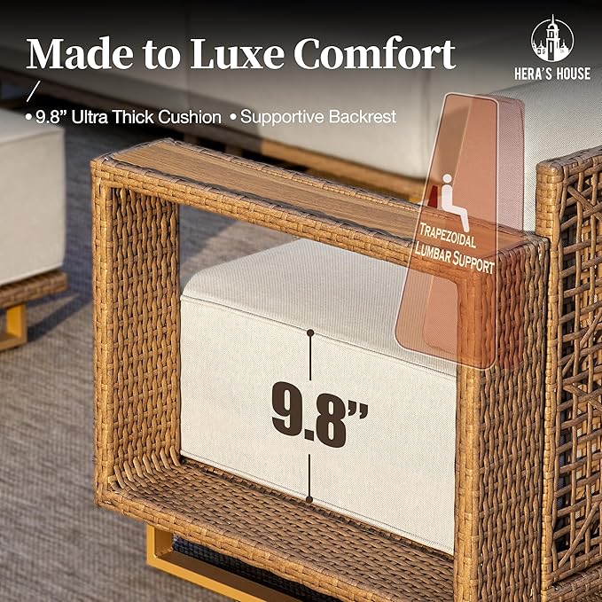 HERA'S HOUSE 6 Pieces Patio Furniture Set, 4 Sectional Outdoor Rattan Wicker Sofa with 2 Ottomans, All Weather Patio Conversation Set with 5.3" Widened Armrest, 10" Ultra Thick Comfy Cushion for Deck