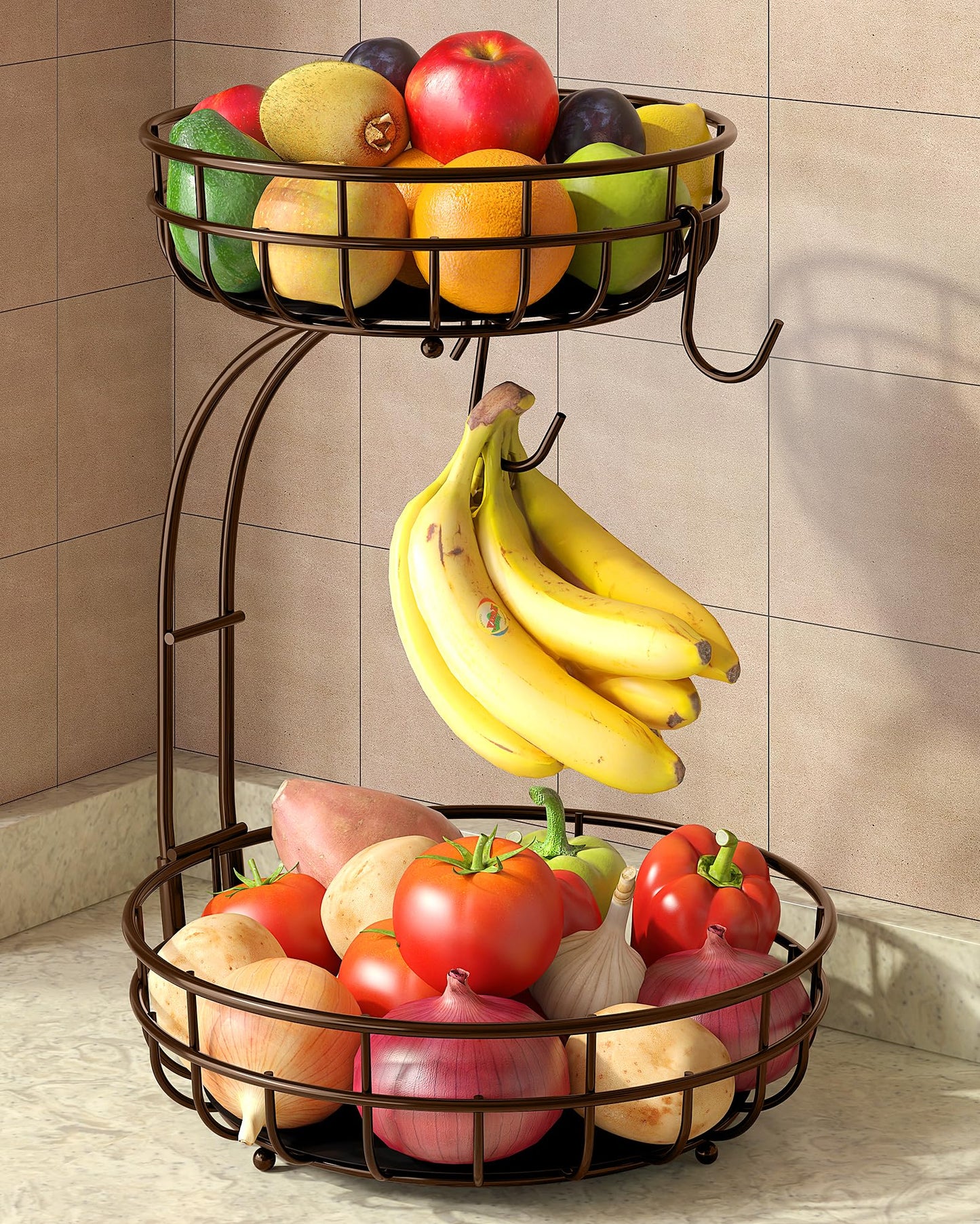 Sevenblue 2 Tier Large Fruit Basket for Kitchen Counter with Removable Banana Hanger - Sturdy Iron Fruit Bowl for Kitchen Counter and Vegetable Holder, Fruit Holder for Kitchen Countertop, Brown