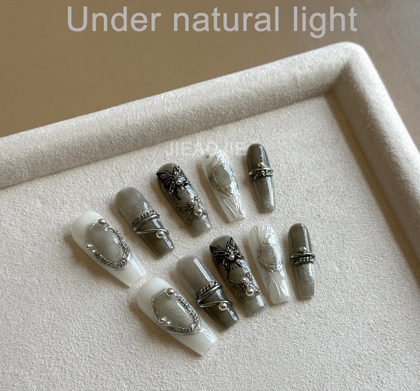 JIEADJIE Press On Nails (100% Handmade),Mid-Length Version,Handmade Painted Nail Art by Nail Technician,Luxury (Black Butterfly, Medium)