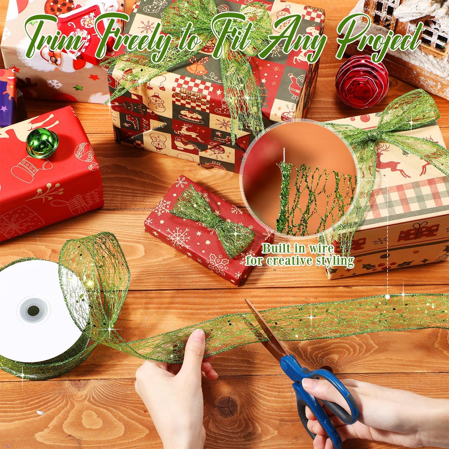 Geosar 1 Roll Lime Green Mesh Glitter Ribbon 1.5 Inch x 20 Yard Christmas Glitter Sheer Metallic Wired Ribbon for Home Party Gift Wrapping Wreath DIY Crafts Xmas Tree Decor
