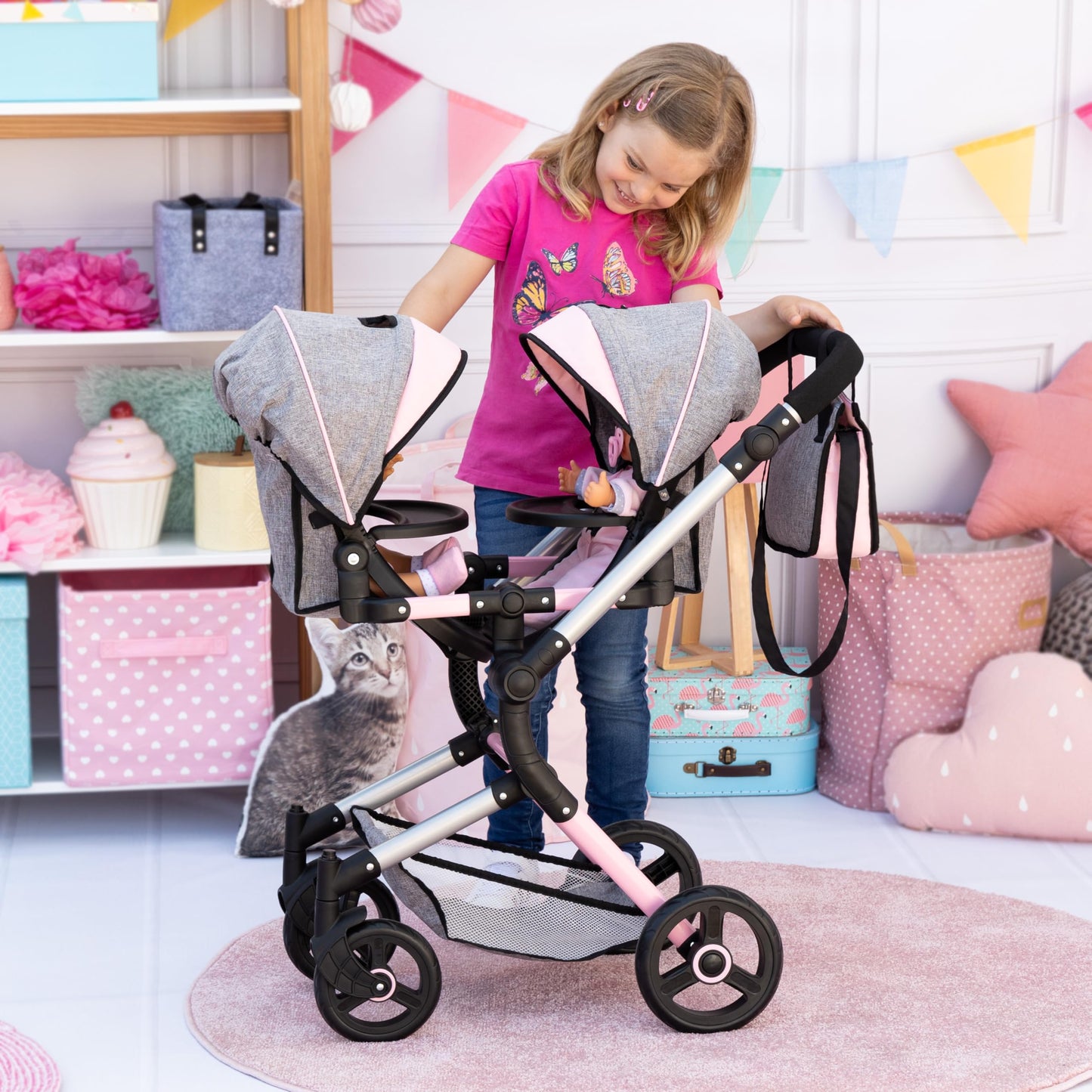 Bayer Twin Doll Pram Neo, Grey, Pink with Butterfly, Jean Look
