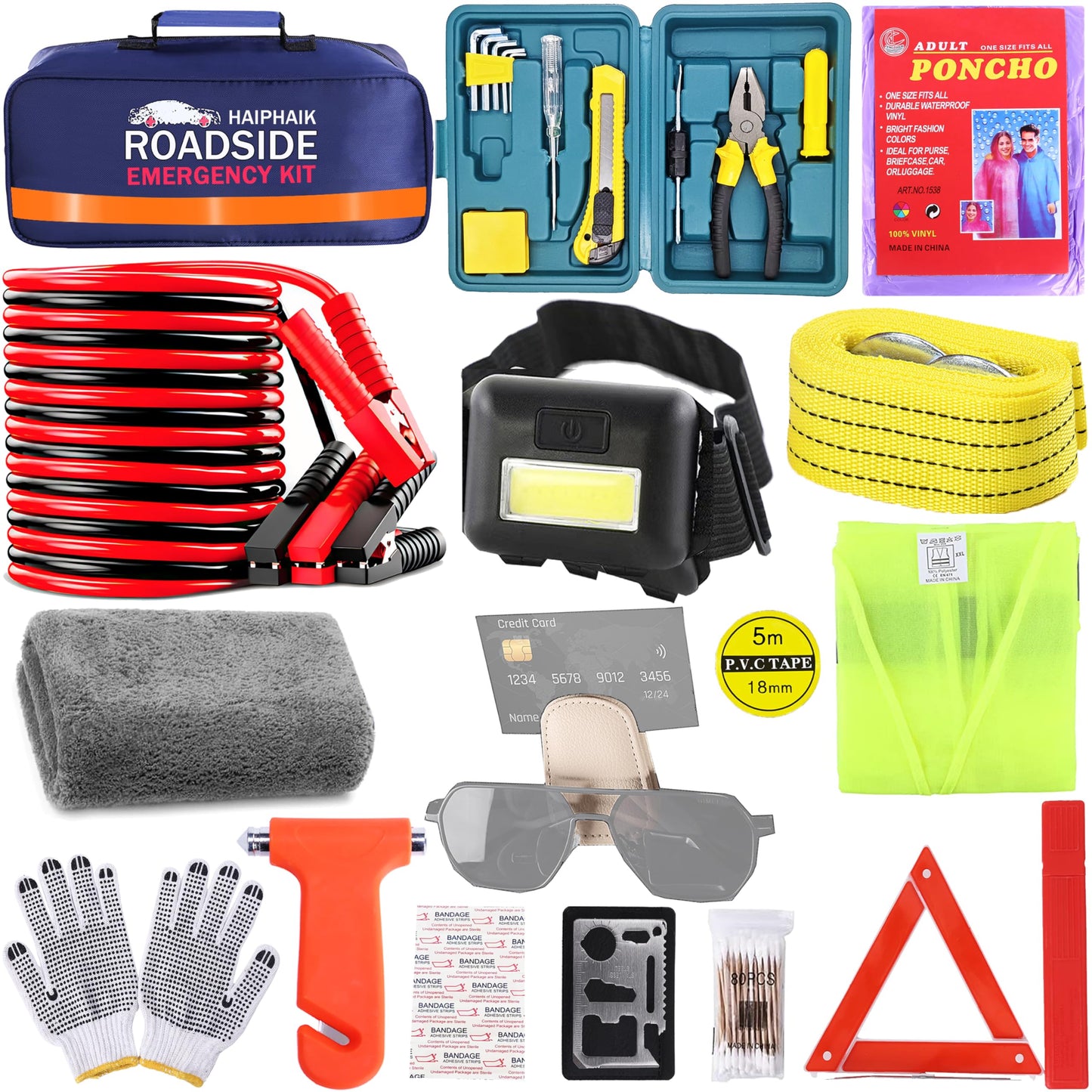 HAIPHAIK Emergency Roadside Kit for Car,Emergency Kits for Vehicles,Jumper Cables headlamps car Glasses Holder,Roadside Emergency Kit Women Men
