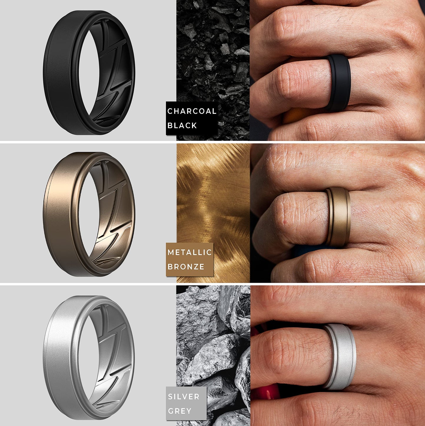 ThunderFit Silicone Wedding Rings for Men Breathable Airflow Inner Grooves, Step Edge Sleek Design Rubber Engagement Bands 8mm Wide 2mm Thick, Variety Multipack 1-7
