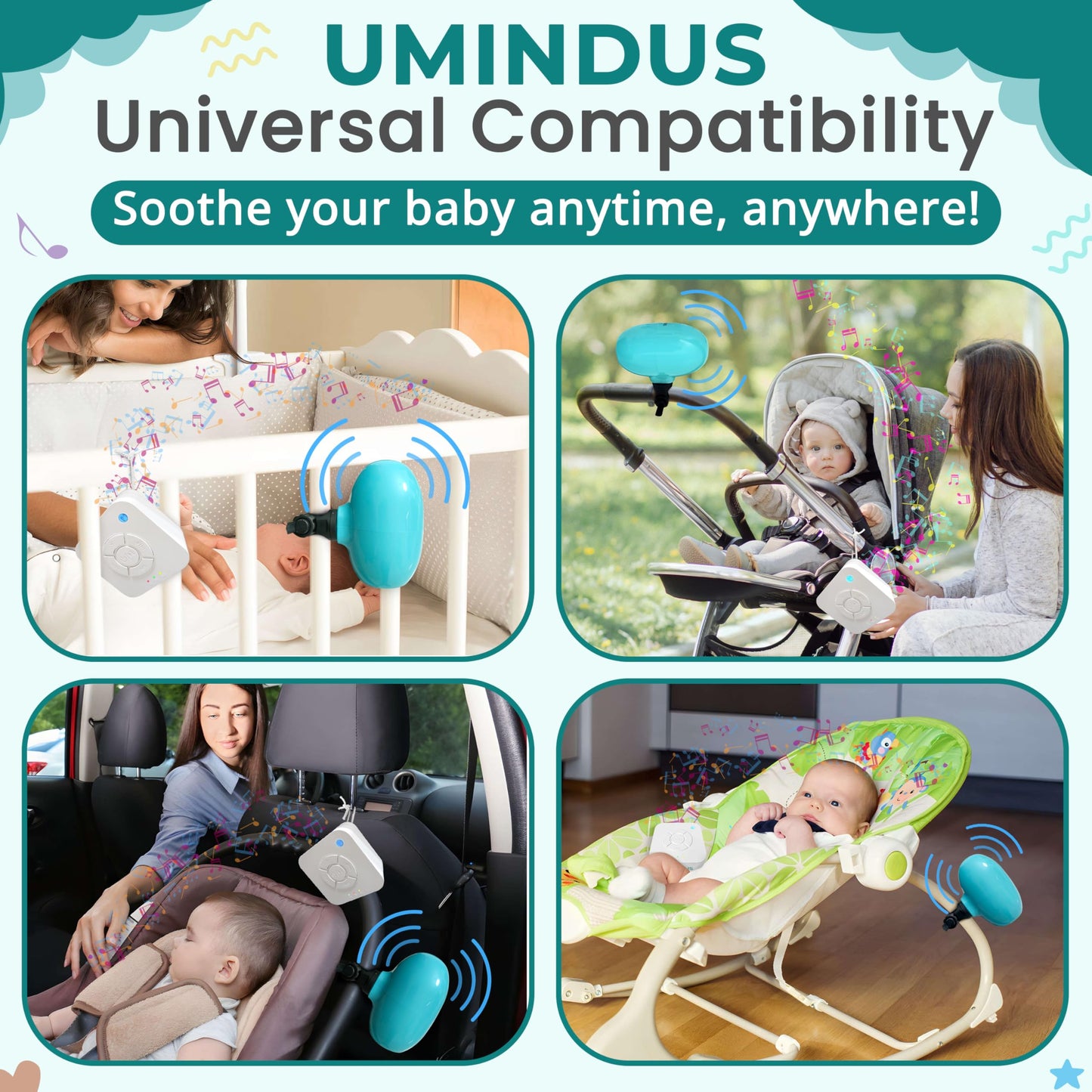 SensaRocker 2-in-1 Baby Stroller Rocker & Portable Sound Machine, Hands-Free Soothing with 5 Speeds, 9 Sounds, Night Light, Rechargeable, 2 Mounts for Strollers, Bassinets & Car Seats