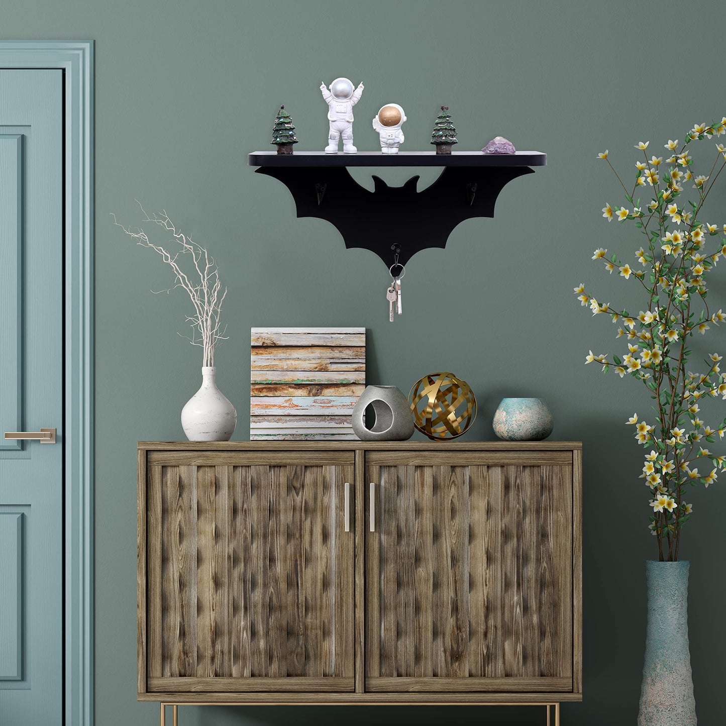 HZYSLYJ Bat Shelf Floating Shelves for Wall,15.5 inch Wall Shelf with 3 Key Hooks,Black Shelves for Living Room Bedroom Kitchen Gothroom