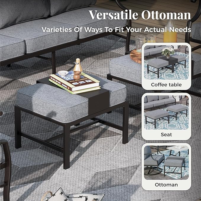 Patio Furniture Set 7 pcs, Outdoor Patio Furniture, 3-Seat Sofa, 4 Single Chairs, 2 Ottomans and 5.75" Extra Thick Cushion, Patio Conversation Set for Garden Backyard Deck,Grey