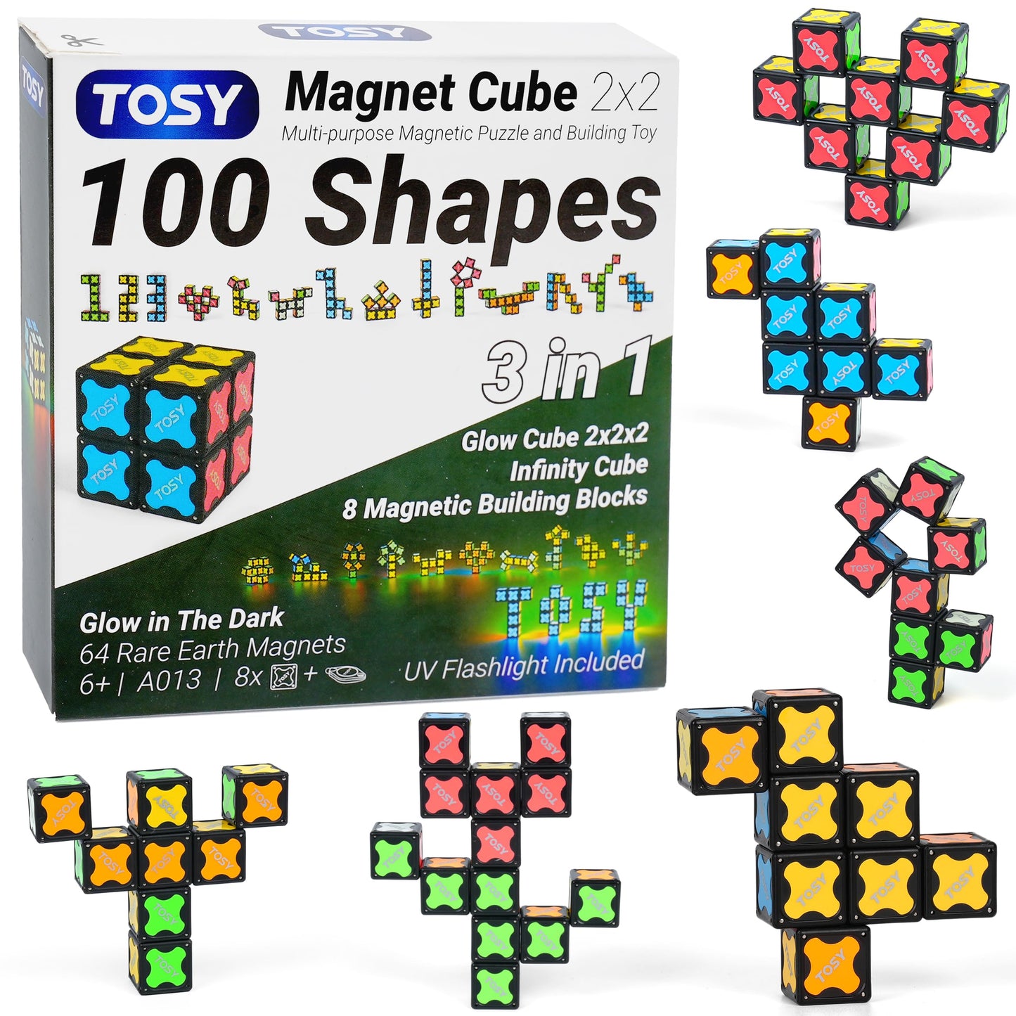 TOSY Magnet Cube 2x2 - 8 Blocks, 2in1 Toy: 2x2x2 Puzzle Cube and Customizable Infinity Cube, Easter Basket Stuffers Gifts for Kids/Grandkids, Glowing with UV Flashlight, Sensory/STEM Toy
