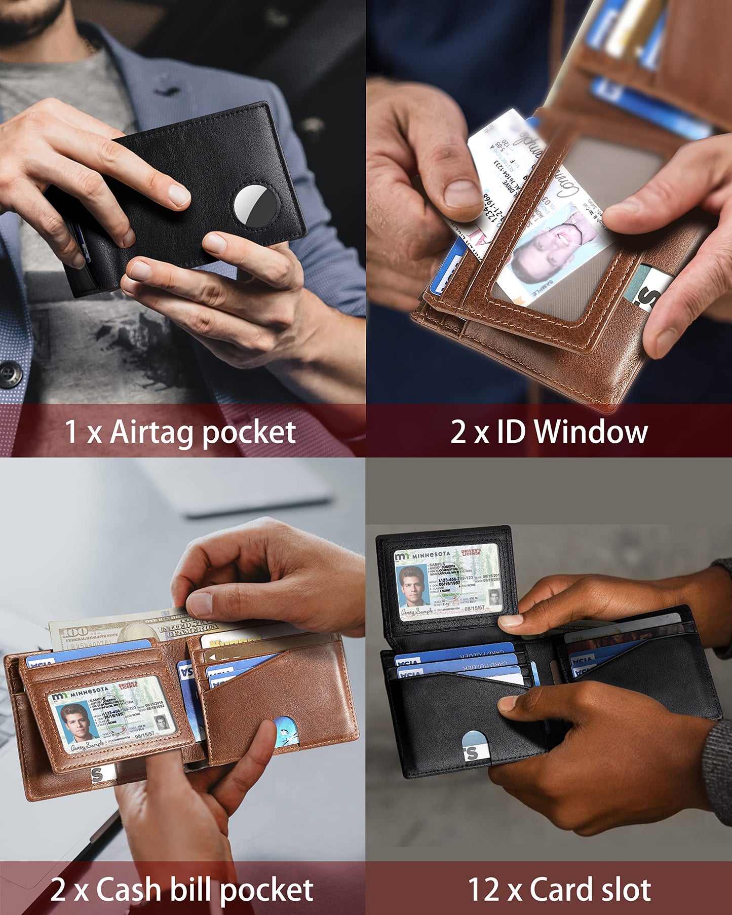 Mens Wallet With AirTag Holder, Bifold Leather RFID Blocking 2 ID Windows 12 Card Holders, Gift Box and Screen Protector Included, AirTag Not Included