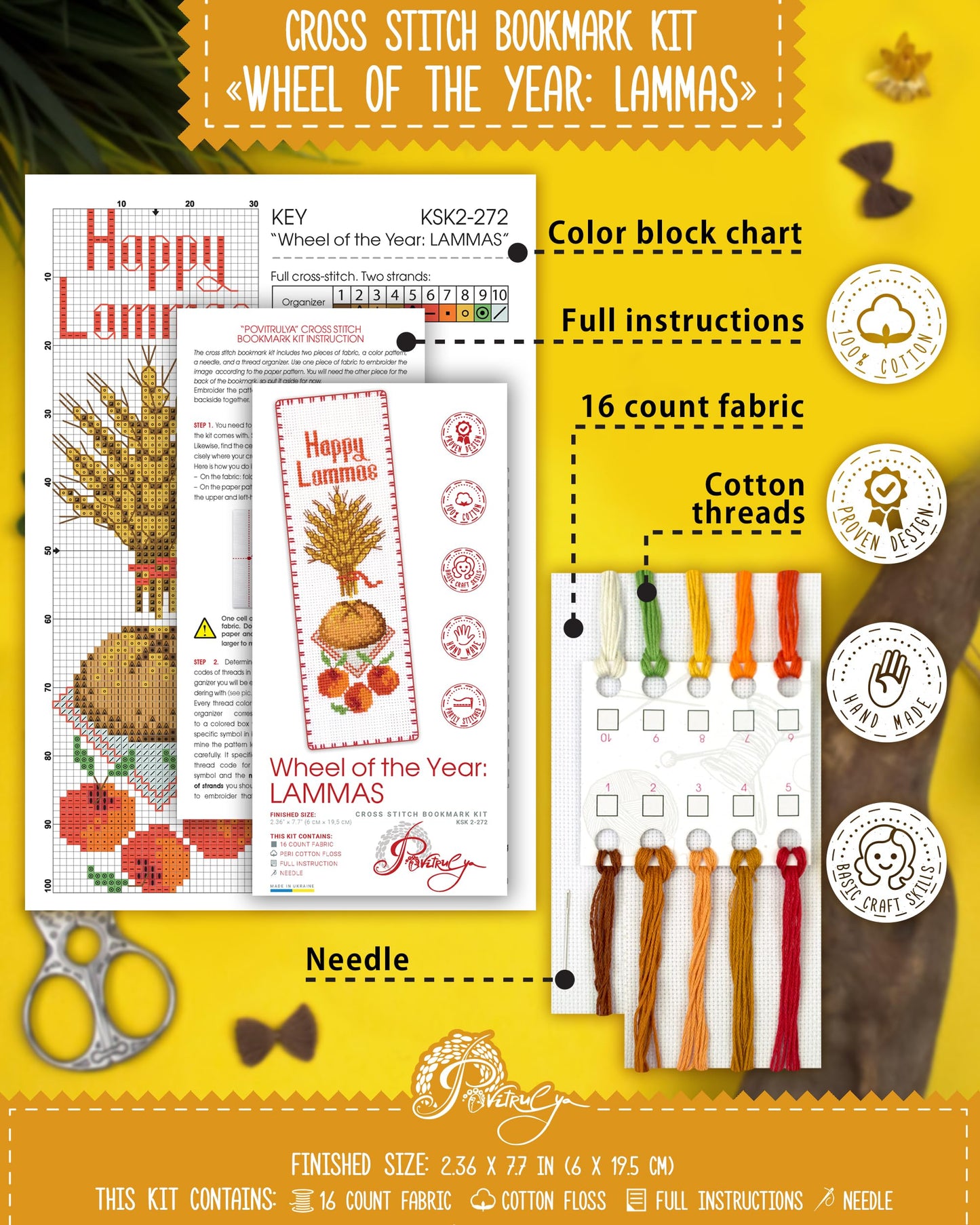 Povitrulya Counted Cross Stitch Kit “Lammas/Lughnasadh“ – DIY Bookmark Embroidery Set for Adults & Beginners, First Harvest Pagan Celtic Rustic Seasonal Autumn Gift