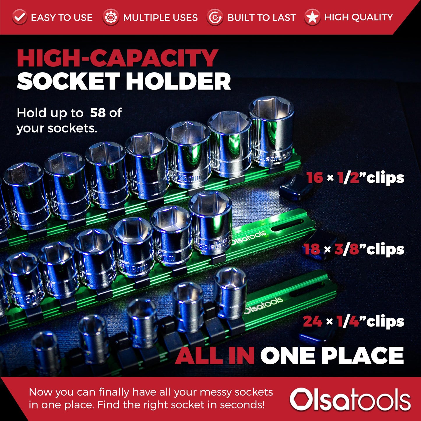 Olsa Tools Aluminum Socket Organizer, 3pc Set - Green Socket Holder Kit 1/2-Inch, 3/8-Inch, and 1/4-Inch Drive - Holds 58 Chrome or Impact Sockets - Professional Grade Socket Rails - Part: 1102
