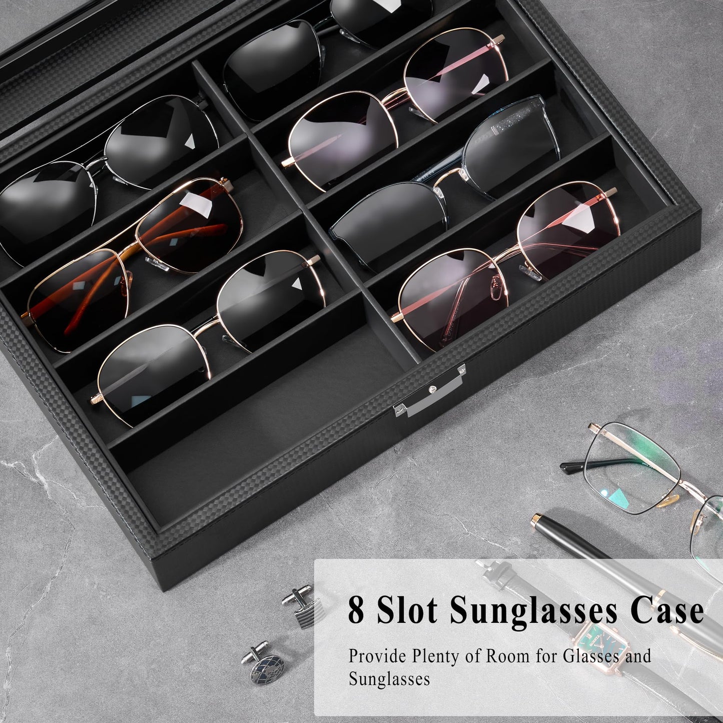 BEWISHOME Sunglass Organizer Case, 8-Slot Glasses Display Case With Large Clear Glass Lid, Pu Leather Lined Glasses Organizer for Men