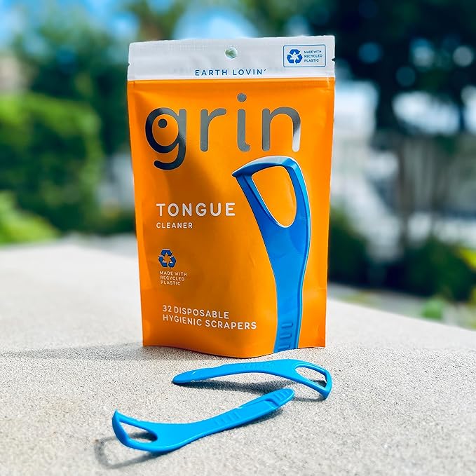 GRIN Tongue Cleaner, 32 Count, Disposable Tongue Cleaner, Hygienic Scraper, Recycled Plastic, Clean Tongue, Promote Fresh Breath, Includes Safe Fold- Back Tooth Pick (Pack of 2)