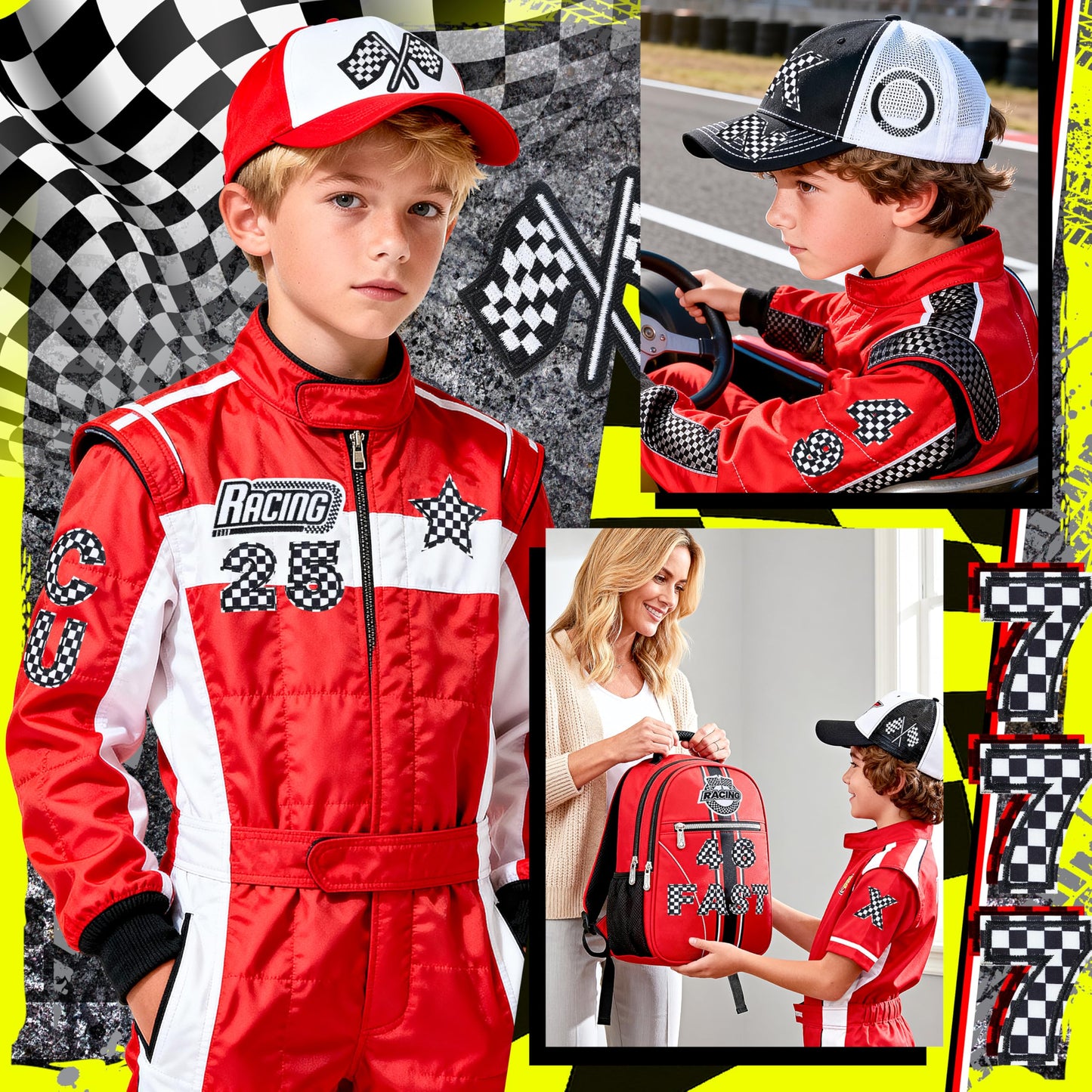 Meneng Letters and Numbers Patches for Racing: 82 Pcs Iron On Checkered Letters with Car Patches - Embroidered Flag Lightning Patch for Jacket Hat Customization