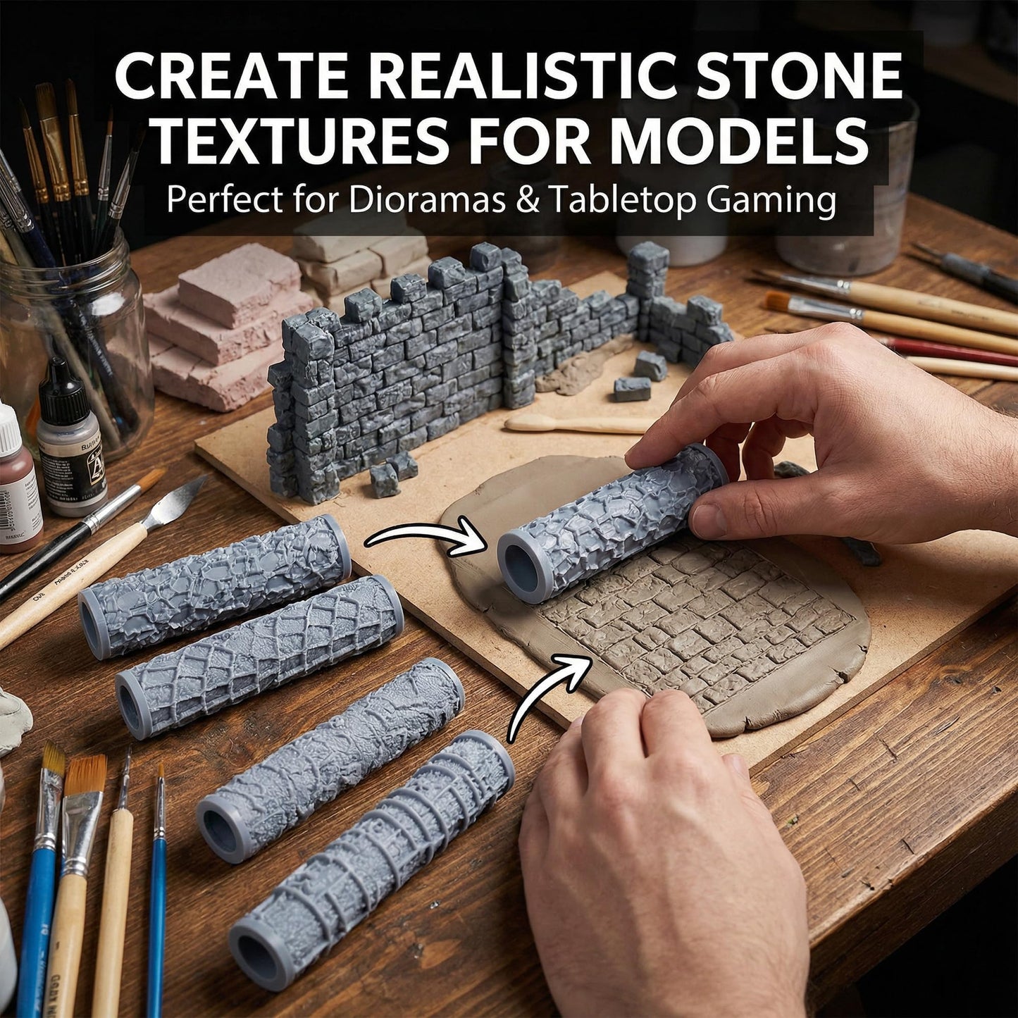 Warmtree 4 Pcs Terrain Texture Roller Set Polymer Clay Texture Roller for DIY Modeling Scenic Terrain Wall Road Model Miniatures Landscape