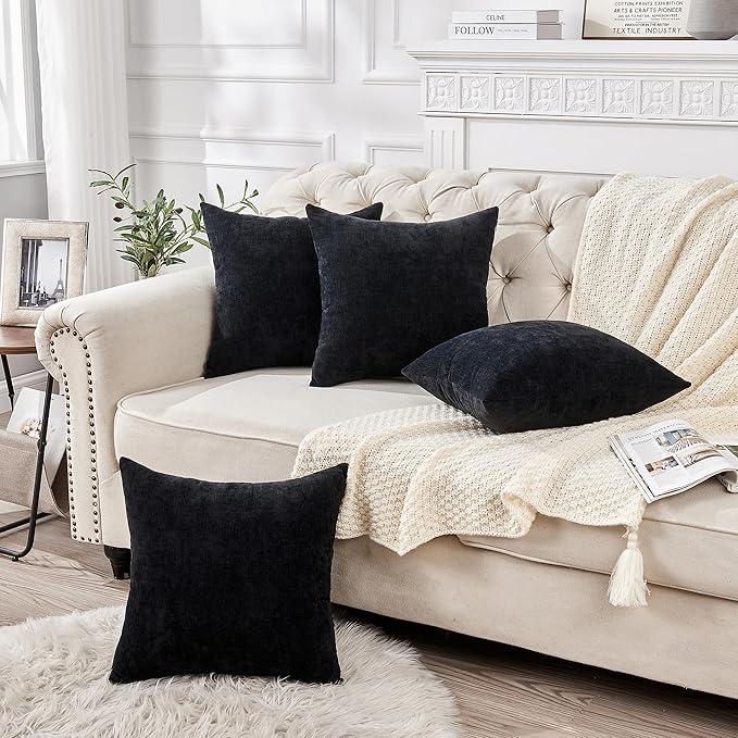 GAWAMAY Decorative Square Throw Pillow Covers 18"x18" Inch Set of 4, Super Soft Chenille Pillows Farmhouse Fall Pillowcase for Living Room Bedroom Sofa Couch Cushion Cover Black 45x45cm (No Insert)
