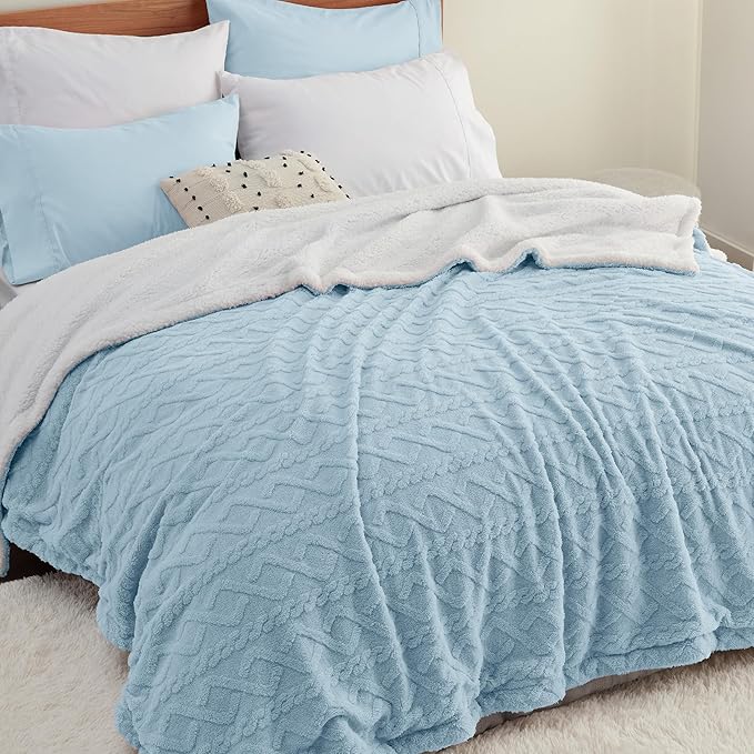 Bedsure Sherpa King Size Blanket for Bed- GentleSoft Fleece Fluffy & Cozy Cable Jacquard Tufted for Women Gift, Thick and Warm Blankets for Winter, Blue, 108x90 Inches