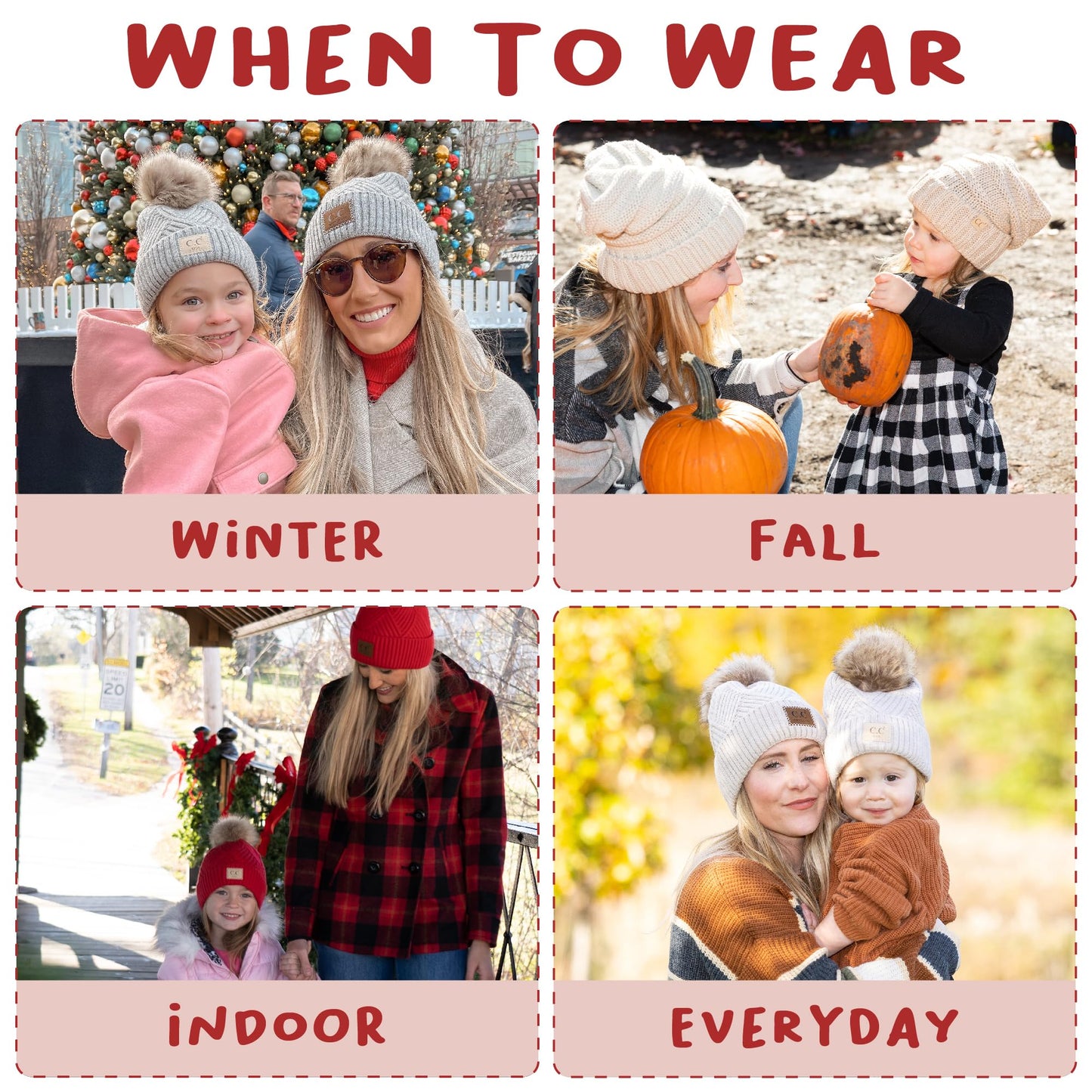 Funky Junque Matching Adult Toddler Infant POM Hat - Adult/Toddler/Infant Leopard Beige (3 Pack)