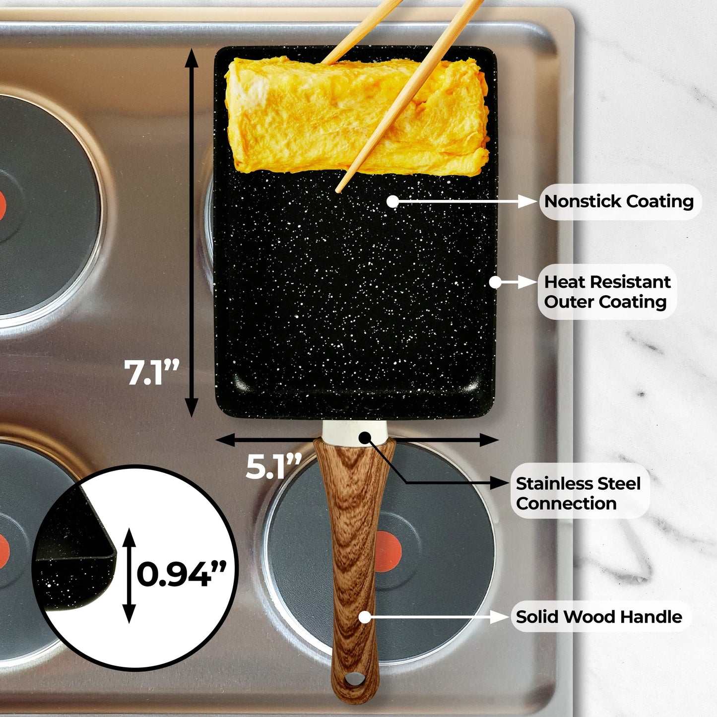 YumOmNom Tamagoyaki Pan – Japanese Nonstick Egg Cookware, Rectangle Frying Pan for Omelettes & Rolls – Kitchen Accessories (Without Lid)