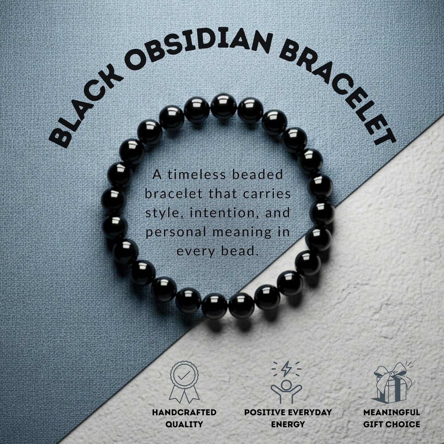 Cherry Tree Collection - Handmade Crystal Beaded Stretch Bracelets For Women and Men - Small, Medium, Large Sizes - Healing Properties Card - 8mm Round Beads (Black Obsidian - Small)