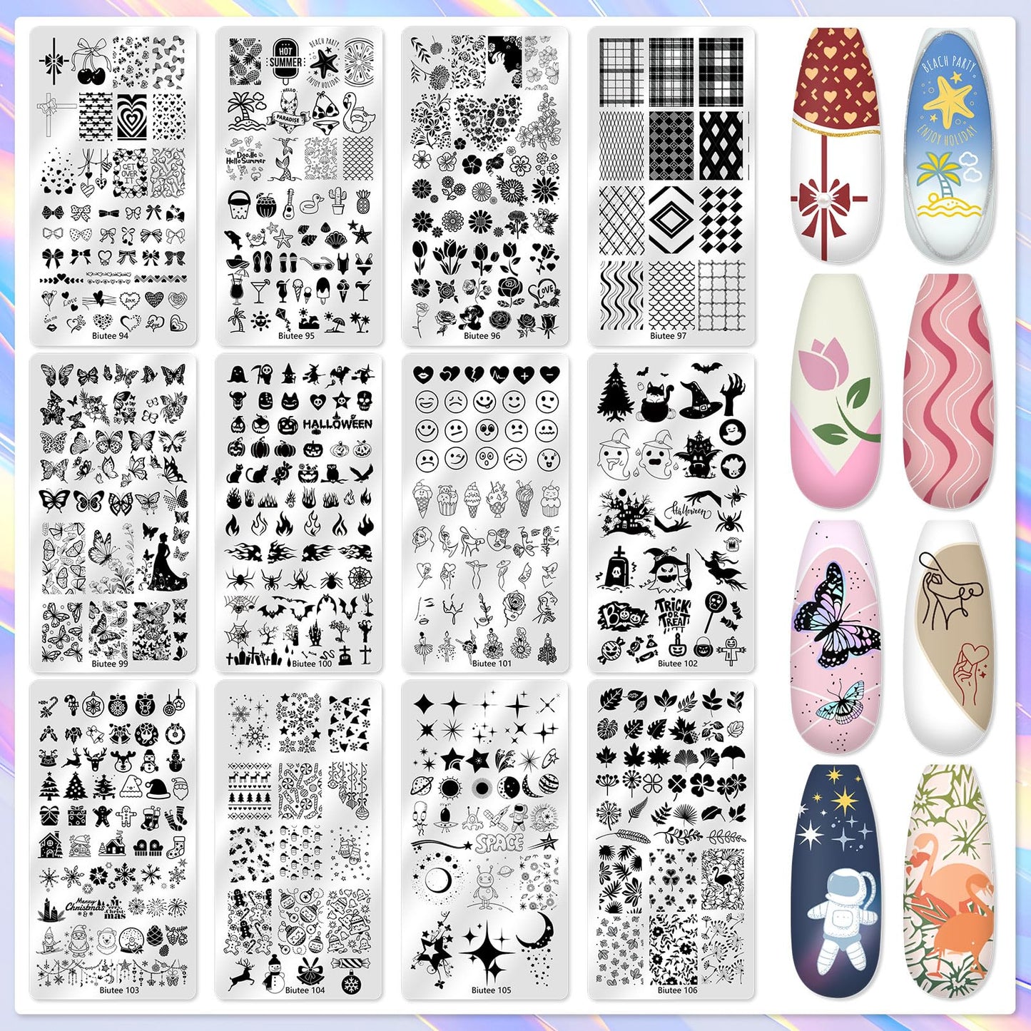 Biutee Nail Stamping Plate 16Pcs Nail Stamper Kit 12Pcs Nail Art Stamp Plates with Silicone Stamper, Scraper & Storage Bag, Stamping Plates Star Plaid Flower Butterfly Template Holiday Design Gift