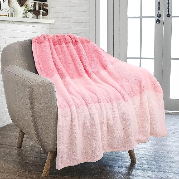 PAVILIA Fluffy Sherpa Throw Blanket Ombre | Gradient Plush, Soft, Fuzzy, Decorative Accent Throw Blanket for Couch Sofa Twin Bed | Cozy Warm Decorative Furry Faux Fur Blanket, 60x80 Inches Pink