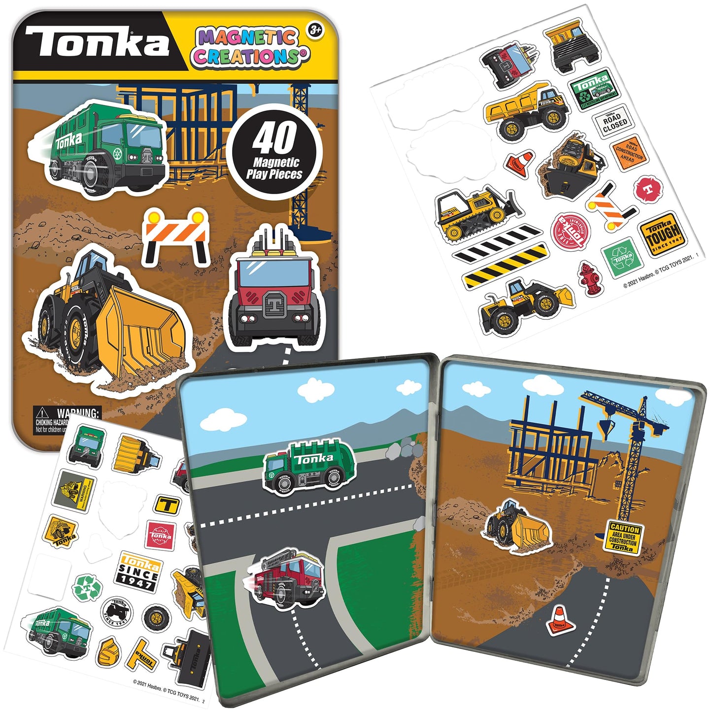 TCG Toys Tonka Magnetic Creations Tin with 40 Magnetic Play Pieces in Tin That Doubles As Storage Space, Multicolor