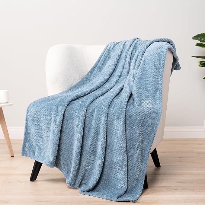 PAVILIA Soft Fleece Dusty Blue Throw Blanket for Couch, Lightweight Plush Warm Blankets for Bed, Fuzzy Cozy Flannel Blanket Throw for Sofa, Travel, Jacquard Pattern, Dusty Blue, 50x60 inch
