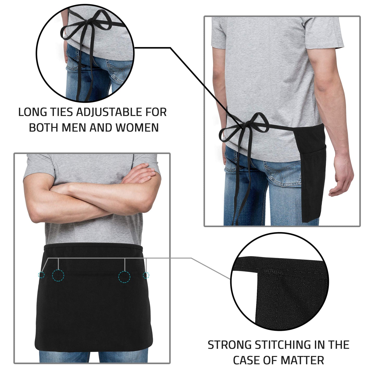 Utopia Wear 12 Pack Server Aprons with 3 Pockets, Waiter and Waitress Waist Aprons for Women with Pockets, Men Short Aprons (Black)