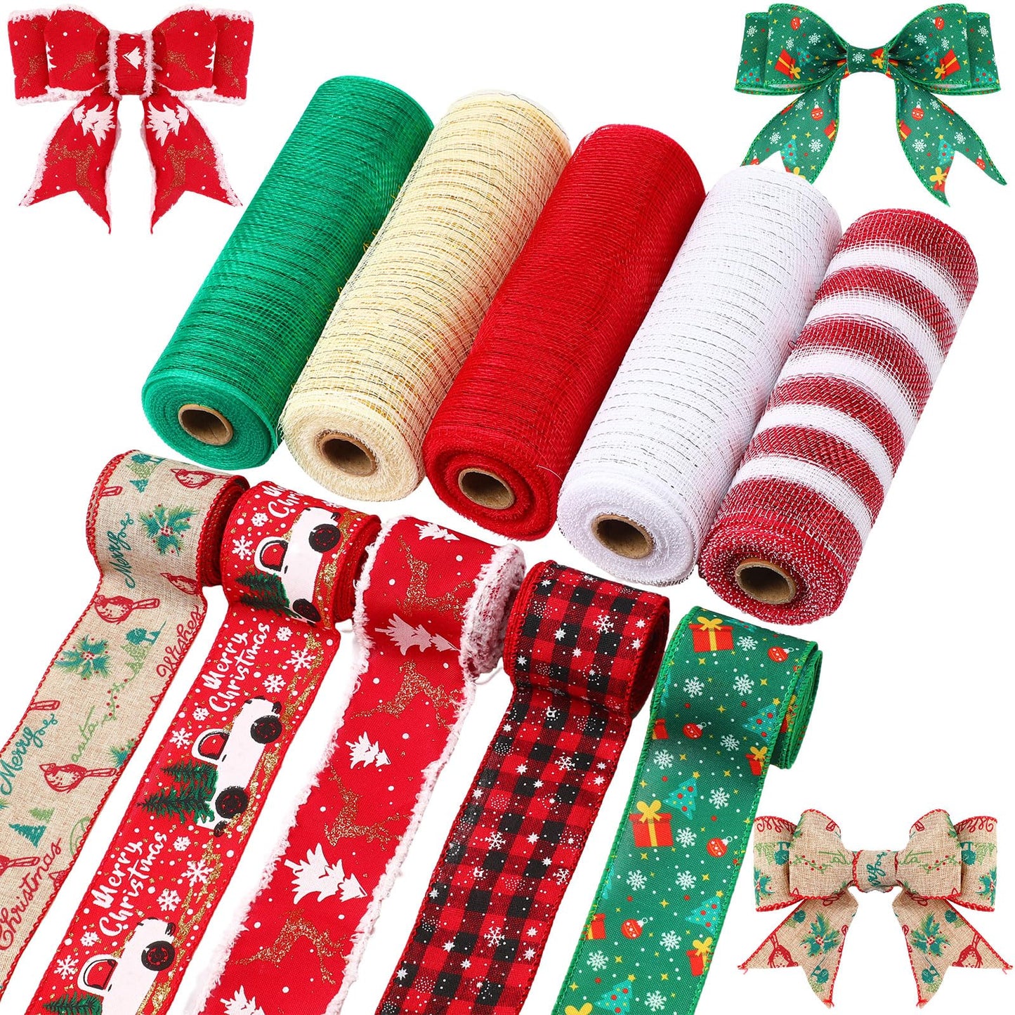 Woanger 10 Rolls Christmas Ribbon Include 5 Roll Wreath Mesh Ribbon Decor 5 Roll Christmas Wired Ribbon Stripe Rolls Metallic Poly Red Green White Decoration Ribbon for DIY Wrapping Craft Wreath Party