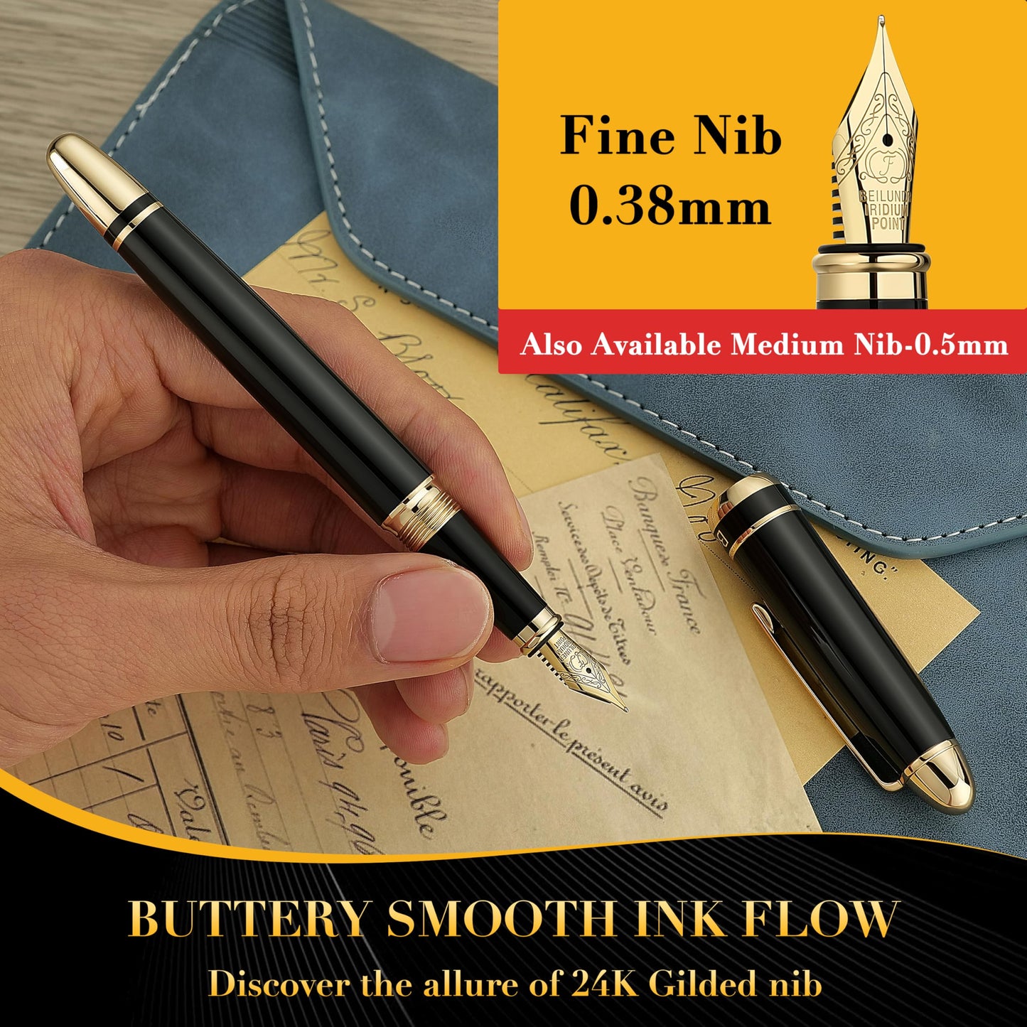 BEILUNER 315 Black Fountain Pen,Stunning Luxury Pens with 24K Gold Accents, Gorgeous 24K Gilded Nib(Fine), Ink Converter,Fancy Pen Gift for Men&Women-Elegant, Office, Graduation, Nice Design