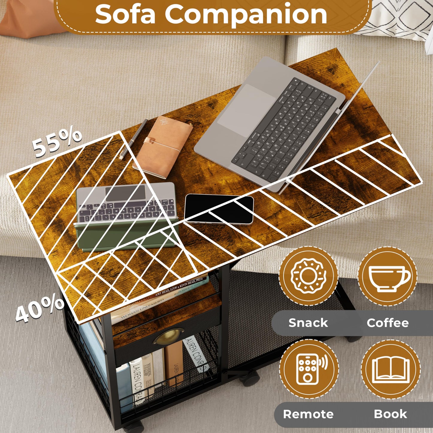 Rolling Coffee Table with Oversized Double-Wide Wood Top, Mobile Tv Tray with Storage Drawer and Wheels for Sofa, Portable Side Table for Living Room, Home Office, Spacious Desk for Working Studying